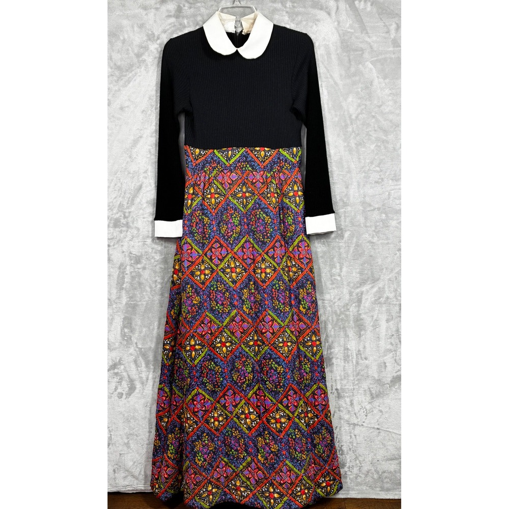 Vintage Lord & Taylor Mod Maxi Dress Black Ribbed Floral Skirt ILGWU Size 13